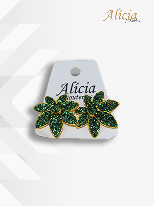 Brinco Dourado Modelo Flor Pedra Verde