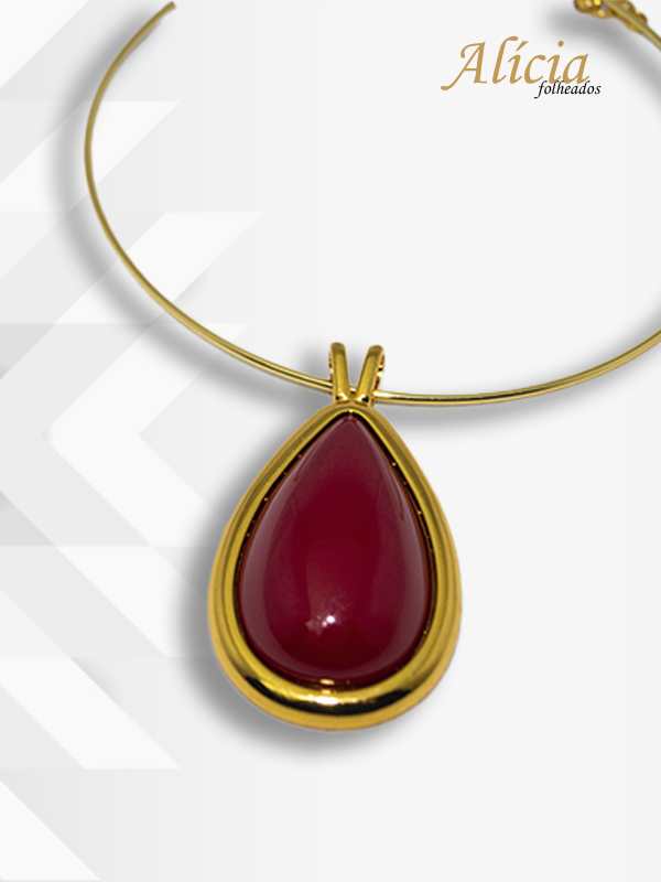 Colar Dourado Pingente Gota Vermelha