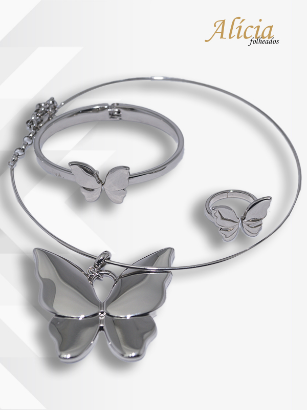 Conjunto Gargantilha, Pulseira e Anel Prata Borboleta