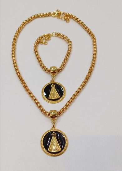 CONJUNTO COLAR E PULSEIRA NOSSA SENHORA APARECIDA. VERNIZ ITALIANO - SEMI JOIAS